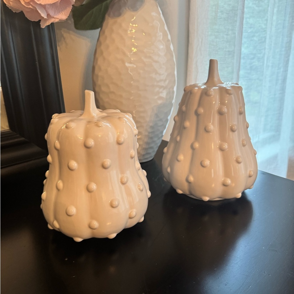 SOUTHERN LIVING WHITE DIMPLED/ BUMPY  CERAMIC THANKSGIVING FALL GOURDS 
SET 2